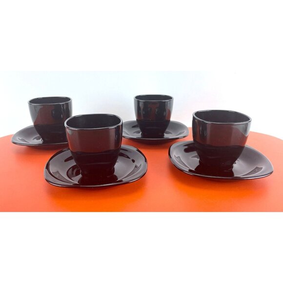Vintage 1980s demitasses and saucers set, square black glass, Arcoroc France - Picture 5 of 10